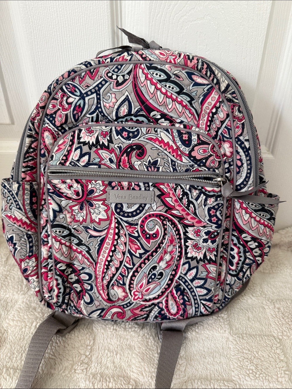 Vera Bradley Pink Paisley Quilted Backpack with Navy Accents